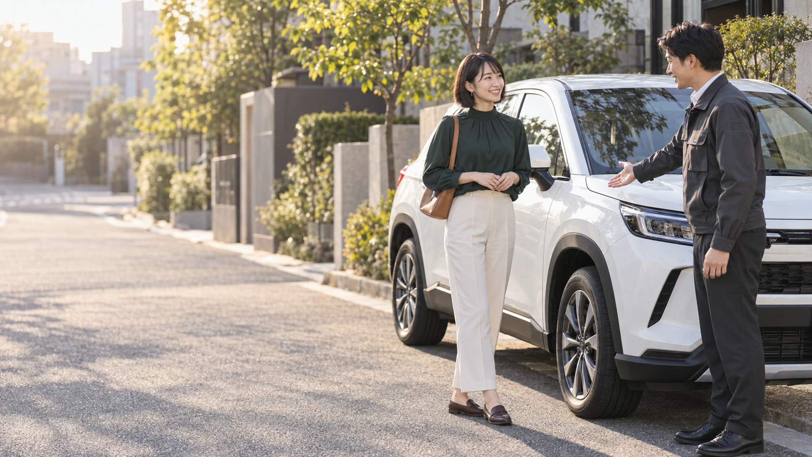 教える人と、一緒に選ぶクルマ。新しい女性と白いSUV、インストラクターが一緒に写っている画像